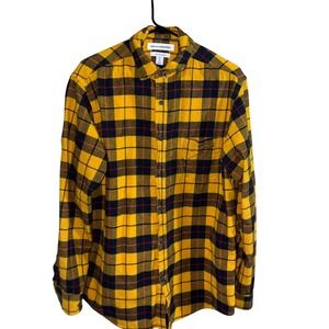 Amazon Essentials Flannel Shirt Mens Large Yellow Black Plaid Long Sleeve Cotton